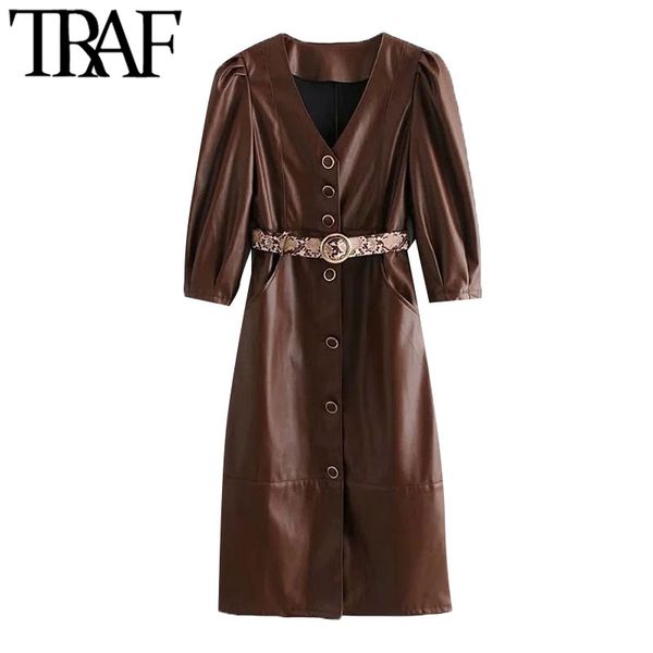 traf women chic fashion with belt faux leather button-up midi dress vintage v neck side pockets female dresses mujer 210415, Black;gray
traf women chic fashion with belt faux leather button-up midi dress vintage v neck side pockets female dresses mujer 210415, Black;gray