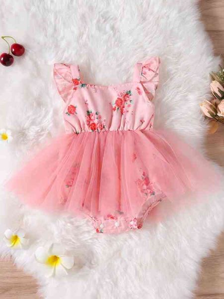 baby floral print ruffle trim mesh overlay bodysuit she, Blue