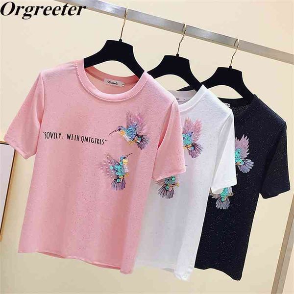 summer sequins bird appliques t shirts women o-neck short sleeve girl t-shirts beading casual tee 210525, White
summer sequins bird appliques t shirts women o-neck short sleeve girl t-shirts beading casual tee 210525, White