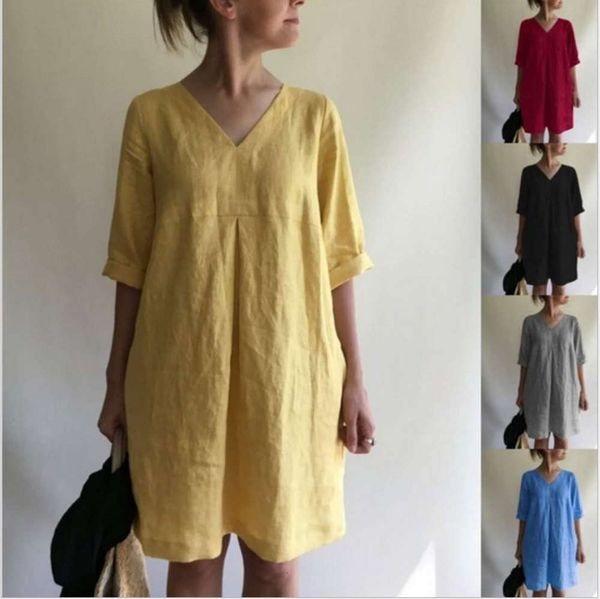 spring and summer v-neck solid color cotton hemp loose five eight size dress for women, Black;gray
spring and summer v-neck solid color cotton hemp loose five eight size dress for women, Black;gray