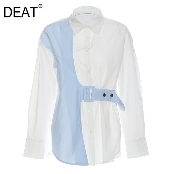 lapel collar long sleeve white blue color contrast shirt single breasted belt for women spring and summer gx1115 210421
lapel collar long sleeve white blue color contrast shirt single breasted belt for women spring and summer gx1115 210421