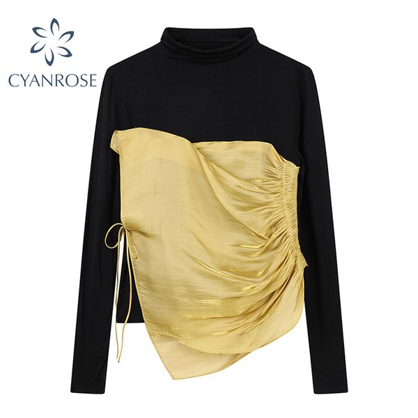 irregular spliced bodycon t shirt women stand collar long sleeve draped high waist slim lace up tees elegant retro ins 210417, White 
irregular spliced bodycon t shirt women stand collar long sleeve draped high waist slim lace up tees elegant retro ins 210417, White