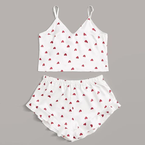 pyjamas women sleepwear pajamas sleep wear heart print satin camisole ruffled flounce shorts lingerie flare sleeve set, Black;red
pyjamas women sleepwear pajamas sleep wear heart print satin camisole ruffled flounce shorts lingerie flare sleeve set, Black;red