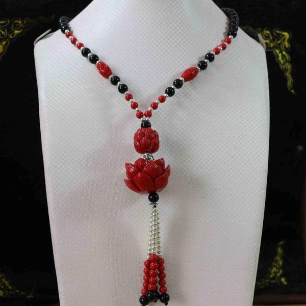 pendant necklaces black carnelian agat stone 8mm round beads with red cinnabar 23x35mm lotus flower women fashion nacklace 36" b967, Silver
pendant necklaces black carnelian agat stone 8mm round beads with red cinnabar 23x35mm lotus flower women fashion nacklace 36" b967, Silver