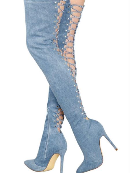 boots denim back lace up over the knee pointed toe cut outs high heels women spring autume party club long, Black
boots denim back lace up over the knee pointed toe cut outs high heels women spring autume party club long, Black