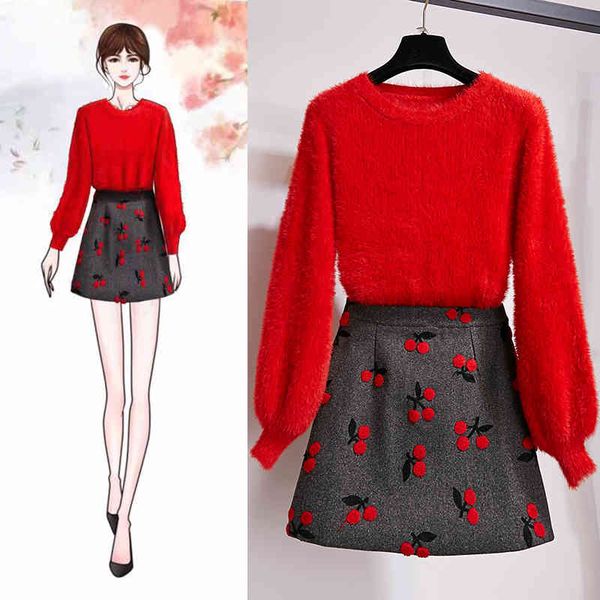 red women two piece dress new fashion fall winter yellow mohair lanter sleeve pullover and woolen embroidery mini skirt set, White
red women two piece dress new fashion fall winter yellow mohair lanter sleeve pullover and woolen embroidery mini skirt set, White