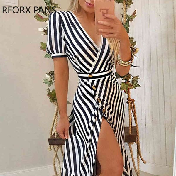 striped slit irregular ruffles hem dress women casual dress, Black;gray