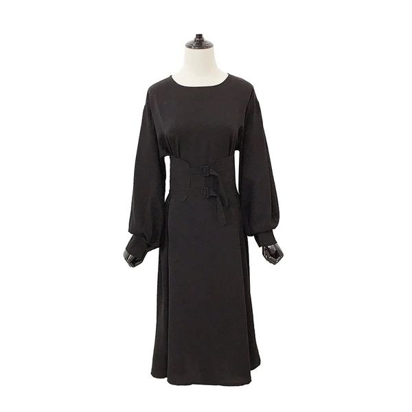 black beige solid o neck long sleeve puff a line sash midi dress chiffon autumn d0715 210514, Black;gray
black beige solid o neck long sleeve puff a line sash midi dress chiffon autumn d0715 210514, Black;gray