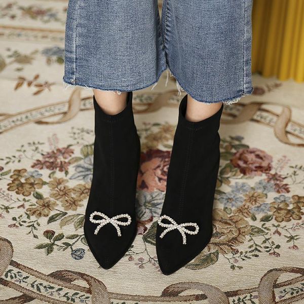 boots super fire rhinestone bow high heel short women's spring and autumn single pointed thin, Black
boots super fire rhinestone bow high heel short women's spring and autumn single pointed thin, Black