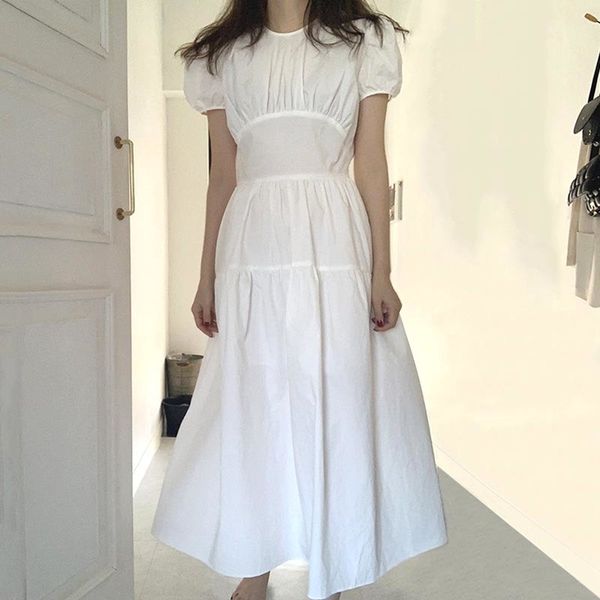 women white simplicity high waist pleated long dress o-neck short puff sleeve loose fit fashion spring summer 210510, Black;gray
women white simplicity high waist pleated long dress o-neck short puff sleeve loose fit fashion spring summer 210510, Black;gray