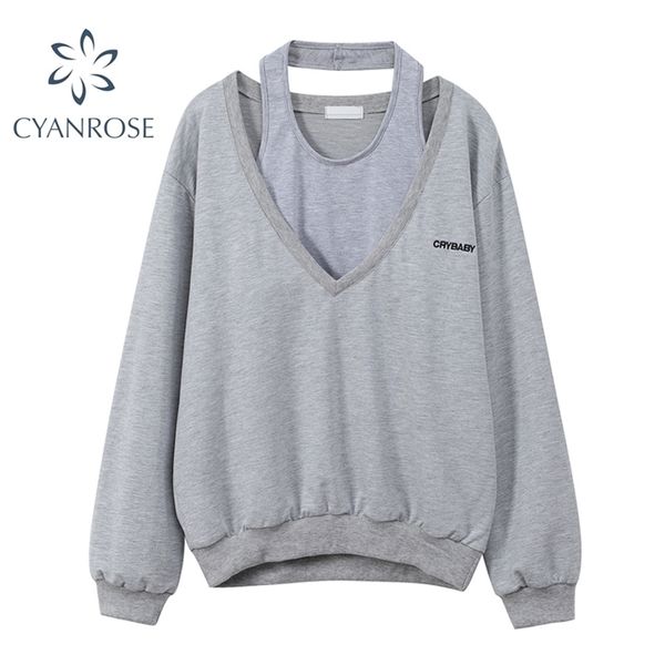 2 pieces sets sweatshirt women spring halter collar camisole+v neck loose oversized sportswear outer streetwear outfits 211206, Black
2 pieces sets sweatshirt women spring halter collar camisole+v neck loose oversized sportswear outer streetwear outfits 211206, Black