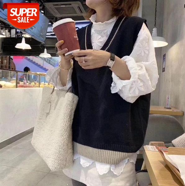 395-0171 korean color-blocking v-neck knitted vest women's spring loose and lazy fan student woolen #ss5e, Black;gray
395-0171 korean color-blocking v-neck knitted vest women's spring loose and lazy fan student woolen #ss5e, Black;gray