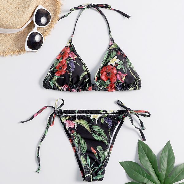 swimwear 2021 bikini black flower mature split beach spring swimsuit, White;black 
swimwear 2021 bikini black flower mature split beach spring swimsuit, White;black