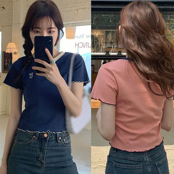 women's t-shirt retro embroidery fashion round neck striped short sleeve knitted summer beach wear slim crop top, White
women's t-shirt retro embroidery fashion round neck striped short sleeve knitted summer beach wear slim crop top, White