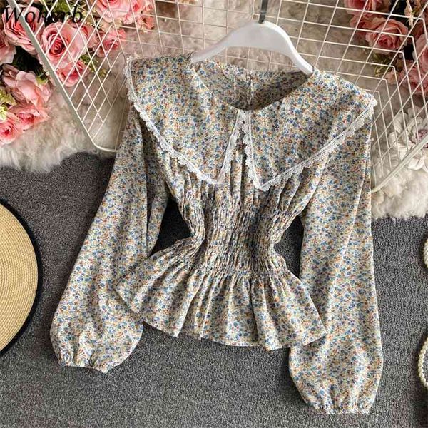 women blouses spring long sleeve sweet peter pan collar fashion floral pleated blusas slim chiffon short shirts 210519, White
women blouses spring long sleeve sweet peter pan collar fashion floral pleated blusas slim chiffon short shirts 210519, White