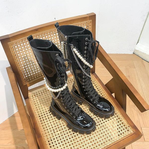 boots deat 2021 autumn and winter fashion casual round toe pearl chain lace up thick bottom thin below the knee women sg964, Black
boots deat 2021 autumn and winter fashion casual round toe pearl chain lace up thick bottom thin below the knee women sg964, Black