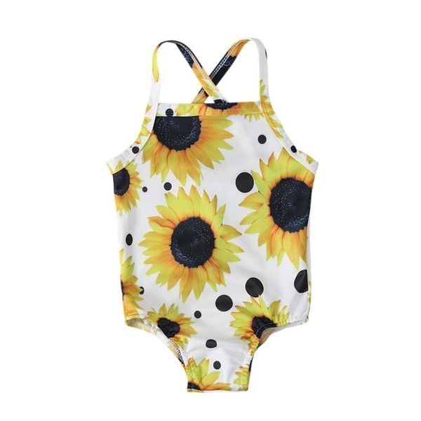 girl's cartoon sunflower print swimsuit, cute slim elastic sling one-piece swimwear, daily life one-pieces, Black 
girl's cartoon sunflower print swimsuit, cute slim elastic sling one-piece swimwear, daily life one-pieces, Black