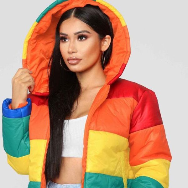 warm rainbow puffer print jacket patchwork winter bubble coat women parkas, Black 
warm rainbow puffer print jacket patchwork winter bubble coat women parkas, Black