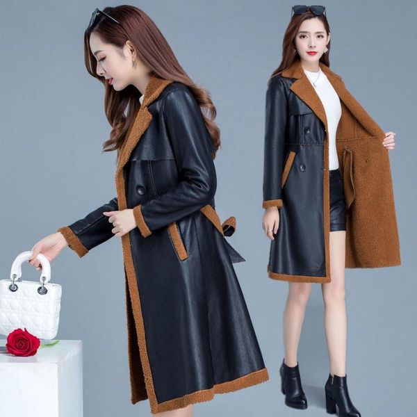 women's leather & faux pu jacket winter women coat plus velvet thick warm windbreaker mid long imitate lambswool fur r1643, Black
women's leather & faux pu jacket winter women coat plus velvet thick warm windbreaker mid long imitate lambswool fur r1643, Black