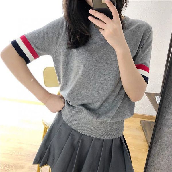 design clothing women's knitted short sleeved shirt round neck backing contrast color cuffs simple t-shirt loose version, White
design clothing women's knitted short sleeved shirt round neck backing contrast color cuffs simple t-shirt loose version, White