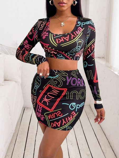 sxy random letter graphic crop & bodycon skirt a0ga#, White