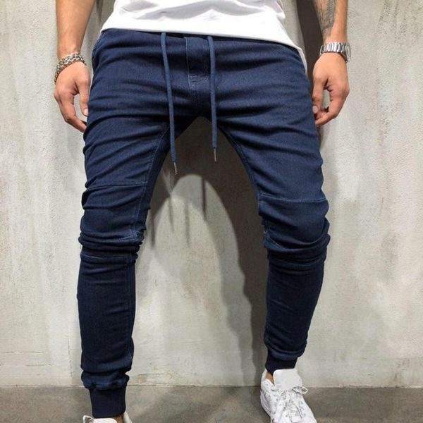 men's jeans drawstring solid color men denim mid waist ankle banded pencil trousers long slim skin-friendly skinny pants, Blue
men's jeans drawstring solid color men denim mid waist ankle banded pencil trousers long slim skin-friendly skinny pants, Blue