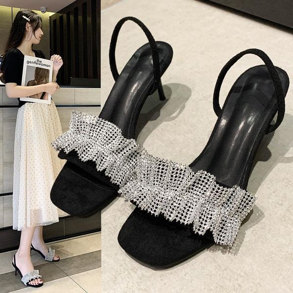 sandals high heel women summer square toe rhinestone fashion, Black 
sandals high heel women summer square toe rhinestone fashion, Black