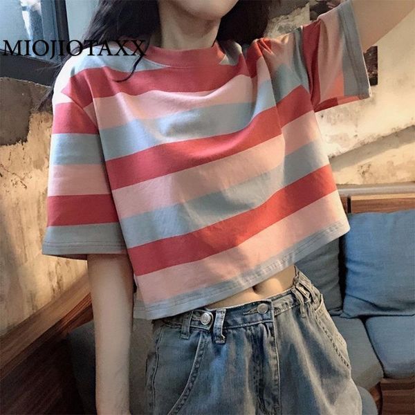 women's t-shirt 2021 summer korean loose rainbow stripe short sleeve female student open navel woman tshirts plus size, White
women's t-shirt 2021 summer korean loose rainbow stripe short sleeve female student open navel woman tshirts plus size, White