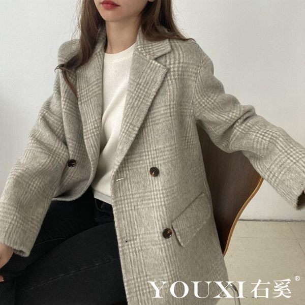 women's wool & blends double sided cashmere coat 21 autumn and winter checkered loose suit korean, Black
women's wool & blends double sided cashmere coat 21 autumn and winter checkered loose suit korean, Black