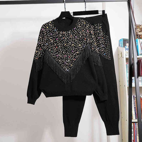 women's two piece pants black knitted outfits women beading diamonds tassel sweater long pencil 2 set female loose casual gray knit sui, White
women's two piece pants black knitted outfits women beading diamonds tassel sweater long pencil 2 set female loose casual gray knit sui, White