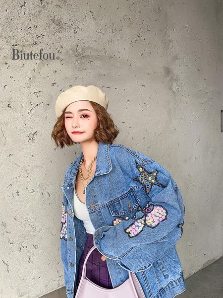 women's jackets 2021 arrival loose autumn sequins denim cartoon print women, Black;brown
women's jackets 2021 arrival loose autumn sequins denim cartoon print women, Black;brown