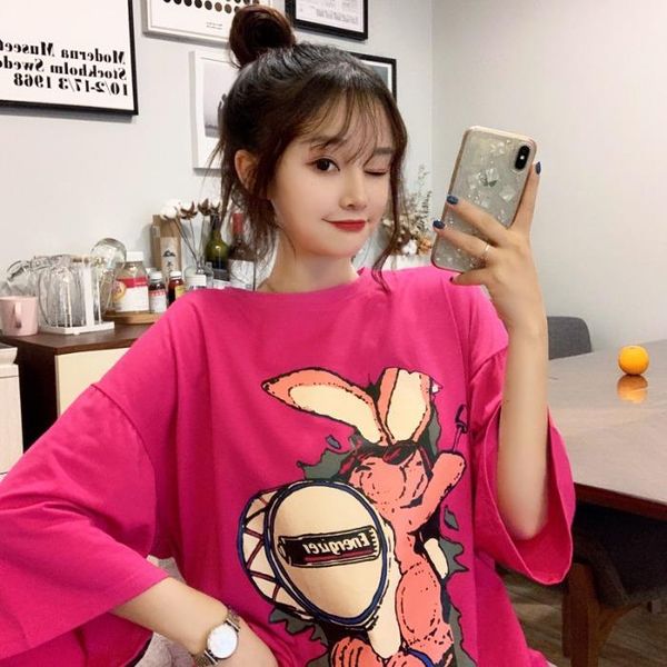 women's t-shirt the all-match korean version of girlfriends dress print cartoon split long short-sleeved women round n, White
women's t-shirt the all-match korean version of girlfriends dress print cartoon split long short-sleeved women round n, White