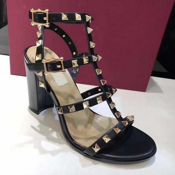 women leather stud sandals t-strap shoes summer high heels rivets dress shoe ladies party 6.5cm 9.5cm 14color with box, Black
women leather stud sandals t-strap shoes summer high heels rivets dress shoe ladies party 6.5cm 9.5cm 14color with box, Black
