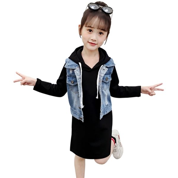kids clothes hole vest + hoodies dress girl casual style clothing spring autumn children's costume 210528, White