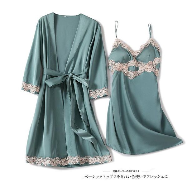 women's sleepwear summer women 2pcs robe kimono gown thin silky soft satin suit nightgown lace patchwork nightwear with chest pad, Black;red
women's sleepwear summer women 2pcs robe kimono gown thin silky soft satin suit nightgown lace patchwork nightwear with chest pad, Black;red