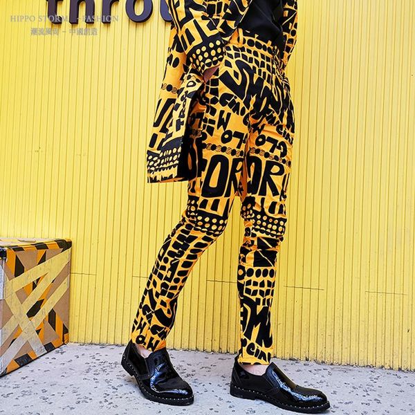 men's suits & blazers mens fashion yellow letter floral print suit trousers hip hop nightclub stage singer dj male casual pants wear, White;black
men's suits & blazers mens fashion yellow letter floral print suit trousers hip hop nightclub stage singer dj male casual pants wear, White;black