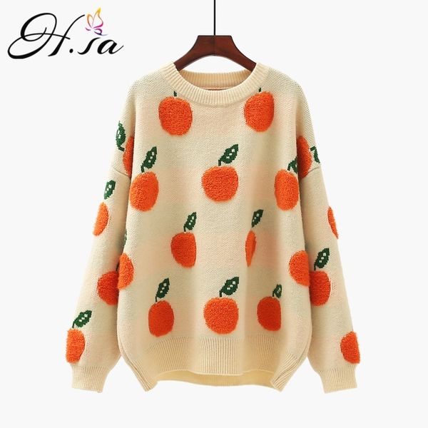 h.sa winter pullover women cute fruit sweater pull orange apple printed korean oversized jumpers 210417, White;black
h.sa winter pullover women cute fruit sweater pull orange apple printed korean oversized jumpers 210417, White;black