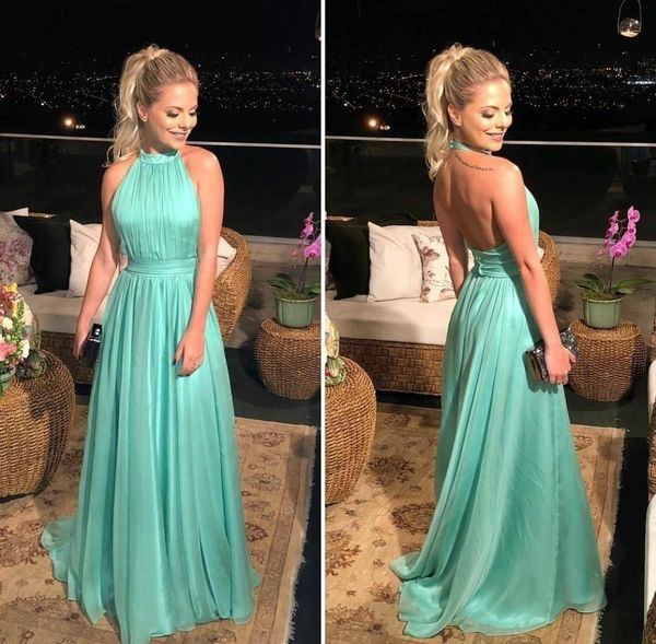 a-line pleated long halter prom dresses backless floor length tulle robe de soiree formal evening party gowns, Black
a-line pleated long halter prom dresses backless floor length tulle robe de soiree formal evening party gowns, Black