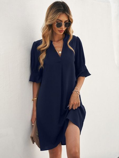 notched neck flounce sleeve tunic dress z4qs#, Black;gray
notched neck flounce sleeve tunic dress z4qs#, Black;gray