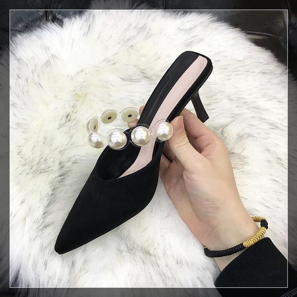 dress shoes big pearl slingback high heels sandals women transparent band beading sandalias pointy flock thin heel mules female slippers, Black
dress shoes big pearl slingback high heels sandals women transparent band beading sandalias pointy flock thin heel mules female slippers, Black