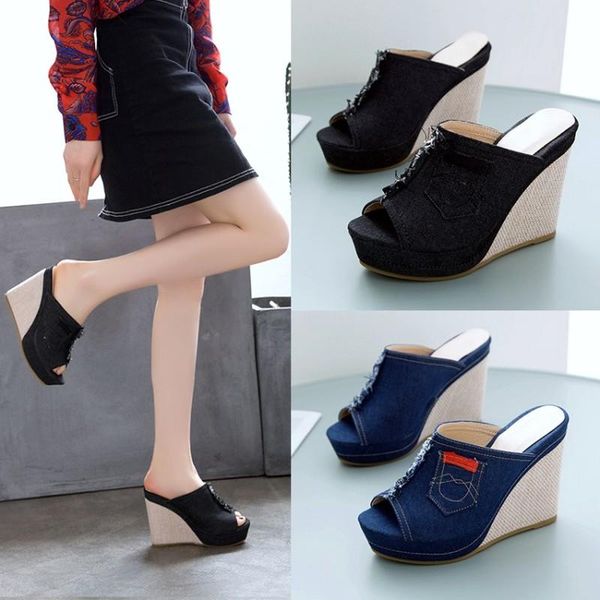arrival denim women's sandals women summer appliques leisure fish mouth thick bottom slippers wedges shoes, Black
arrival denim women's sandals women summer appliques leisure fish mouth thick bottom slippers wedges shoes, Black