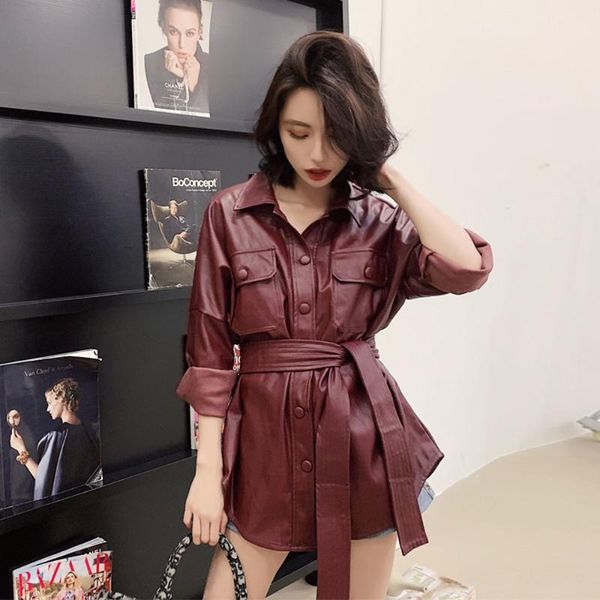 women's leather & faux women 2021 spring fall korean middle length motorcycle pu jacket loose personality with belt, Black
women's leather & faux women 2021 spring fall korean middle length motorcycle pu jacket loose personality with belt, Black