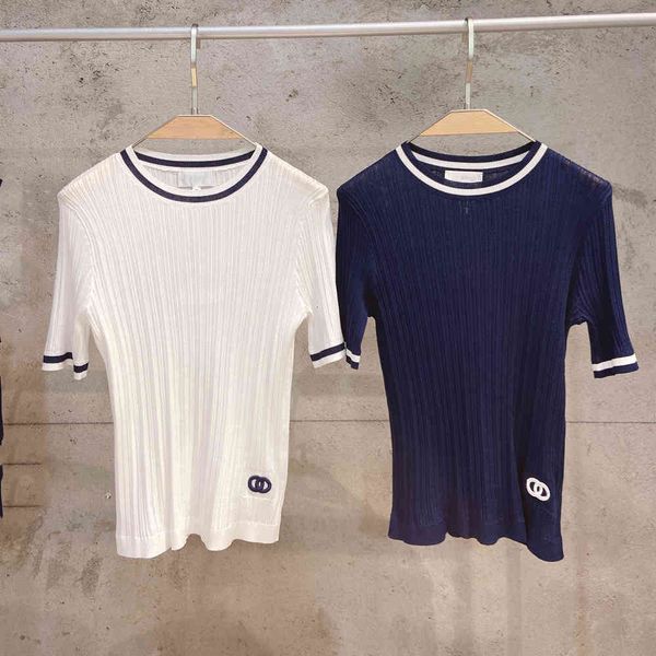 21 summer small fragrance pure color contrast round neck knitted short sleeve women's pullover show thin letter embroidery fragrant hom, White
21 summer small fragrance pure color contrast round neck knitted short sleeve women's pullover show thin letter embroidery fragrant hom, White