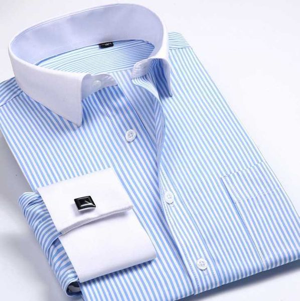 new mens luxury slim fit stylish formal long sleeves strips cotton french cuff dress shirts 6340, White;black
new mens luxury slim fit stylish formal long sleeves strips cotton french cuff dress shirts 6340, White;black