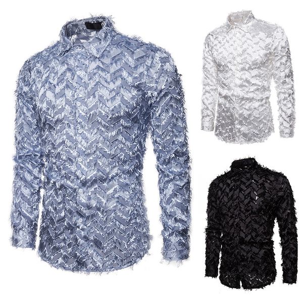 Men's long turn down collar 3d feather cardigan tissue single shirt tops, White;black
Men's long turn down collar 3d feather cardigan tissue single shirt tops, White;black
