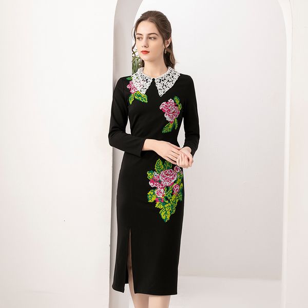 lane 2021 spring feminine lapel block lace embroidered long elegant vintage classic black dress, Black;gray
lane 2021 spring feminine lapel block lace embroidered long elegant vintage classic black dress, Black;gray