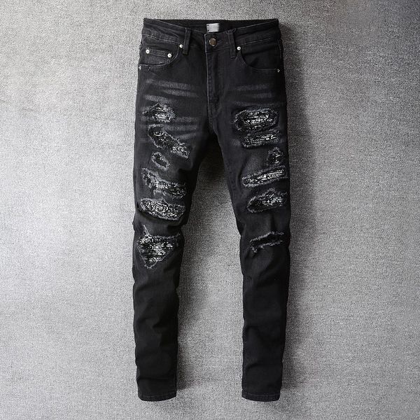 men's jeans embroidery jeans black ripped holes and leather stretch slim designer jeans long pants, Blue
men's jeans embroidery jeans black ripped holes and leather stretch slim designer jeans long pants, Blue