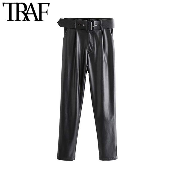 traf women vintage stylish faux pu leather with belt pants fashion zipper fly side pockets female trousers chic pantalones 210415, Black;white
traf women vintage stylish faux pu leather with belt pants fashion zipper fly side pockets female trousers chic pantalones 210415, Black;white