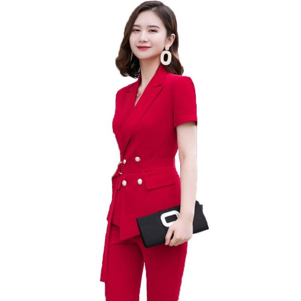 fashion women pants suit with belt summer short sleeve blazer and trousers office ladies business work wear women's two piece, White
fashion women pants suit with belt summer short sleeve blazer and trousers office ladies business work wear women's two piece, White