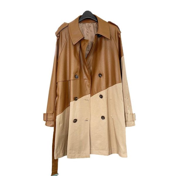 women's trench coats designer women coat double breasted pu leather patchwork slim long with belt, Tan;black
women's trench coats designer women coat double breasted pu leather patchwork slim long with belt, Tan;black